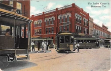 1910 Stores Trolley Cars Busy Corner Beaumont post card