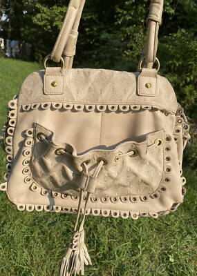 ISABELLA FIORE Embroidered LACED Cut Out Grommets Tasseled Organizer Purse  