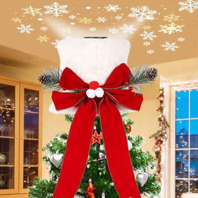 Christmas Tree Topper Hat with 3D LED Rotating Snowflake Projector, White Plush 
