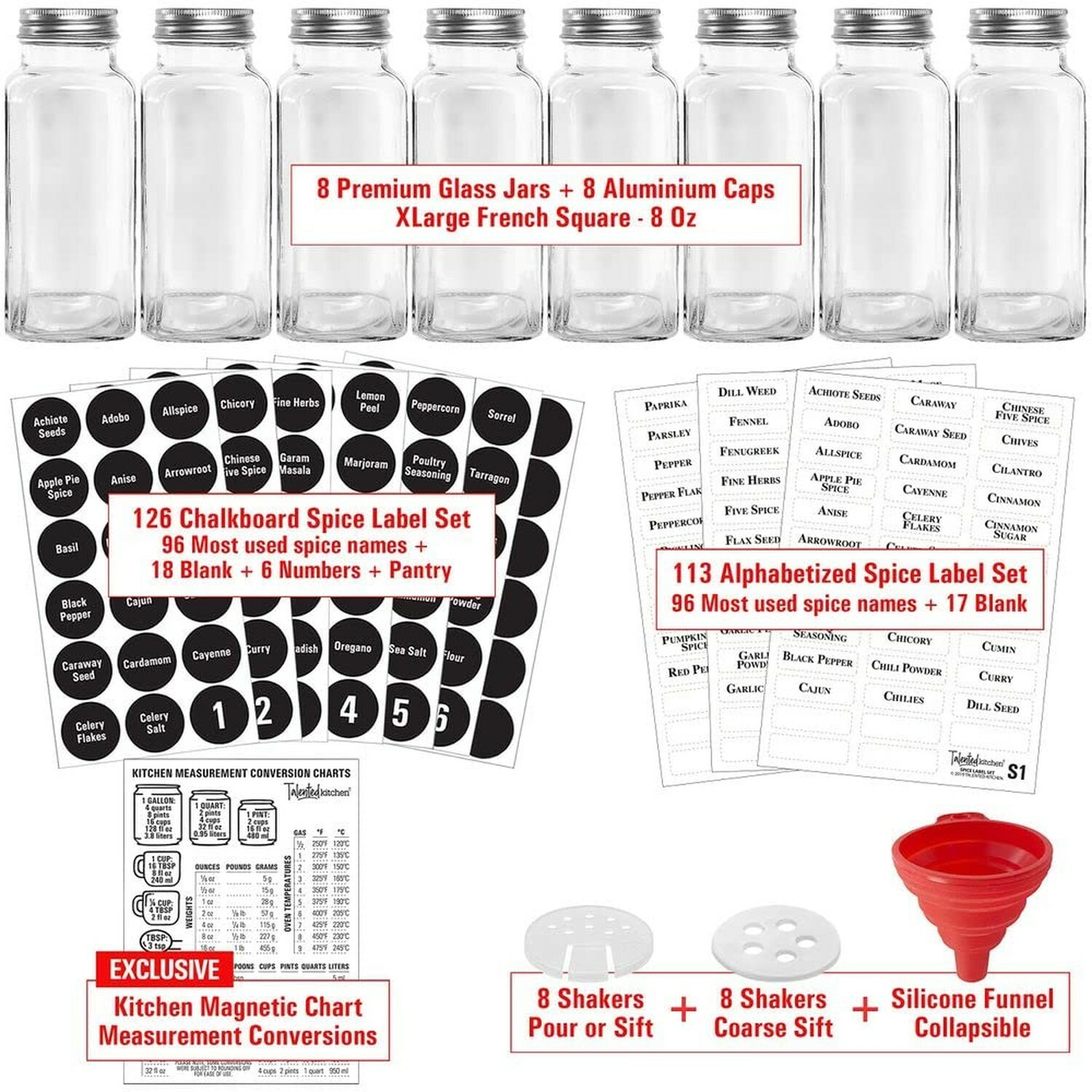 Talented Kitchen 8 Pack Large Glass Spice Bottles with 239 Preprinted Label  Stickers, 8 Ounce Empty Square Seasoning Jars with Shaker Lids & Silver  Airtight Caps