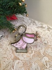 STAINED GLASS Pink ANGEL Holding Instrument- home decor -Display- Free Standing