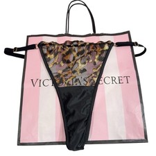 NWT Victoria's Secret Leopard Mesh Satin Thong Black Adjustable Strap Lingerie M