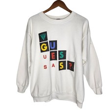 Vtg 80s GUESS Color Block Tile Spellout Graphic Sweatshirt One Size Made in USA