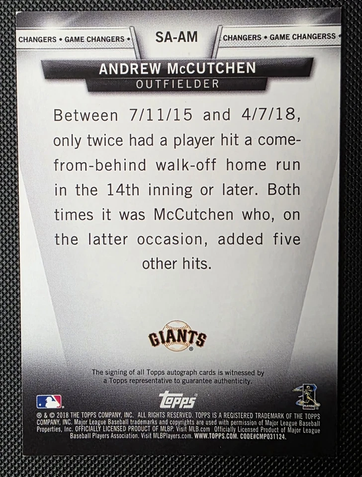 2018 Topps Update Series Andrew MCCUTCHEN Game Changers Auto/10 Foto 2 de 2