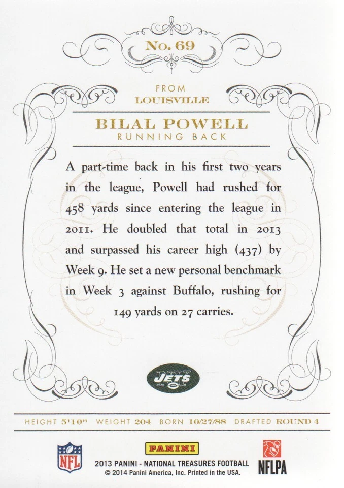 2013 Panini National Treasures Century Silver #69 Bilal Powell /25 - Image 2 of 2