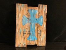 Rustic Western Wooden Wall Cross Turquoise FAITH Hand Crafted  Painted 12x16