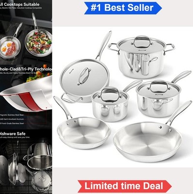 Stainless Steel Cookware Set 10 Piece Tri-Ply Induction Pots Pans Whole Clad