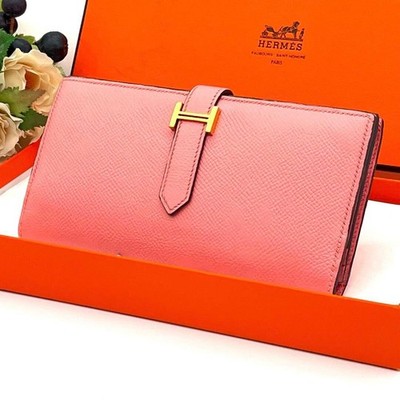 HERMES Bearn Soufflet Long Wallet Veau Epsom Pink Gold Hardware T Mark Authentic