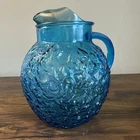 Vintage Anchor Hocking Lido Milano Ball Pitcher Aquamarine Teal Crinkle Glass