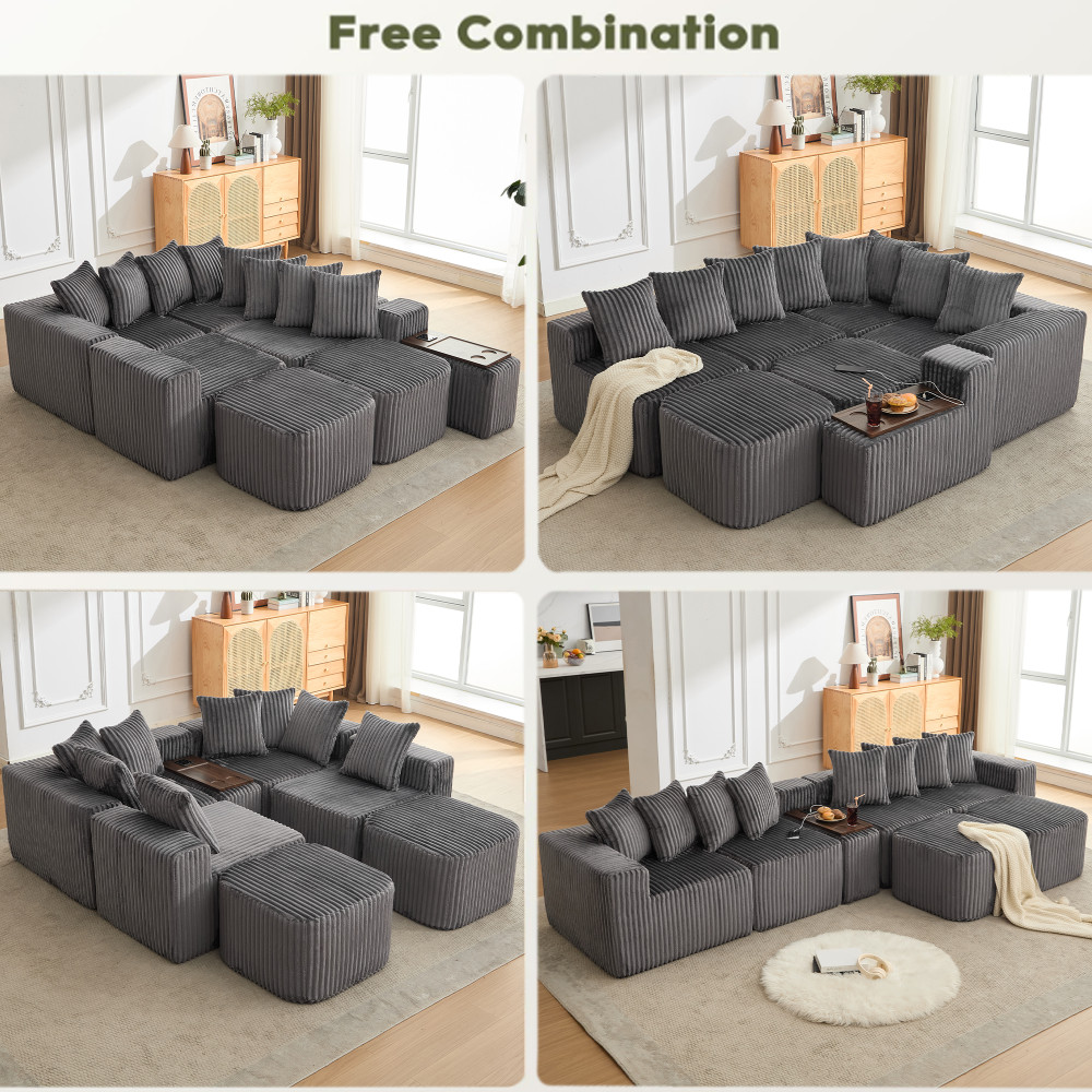 Gray Corduroy U-Shaped 6-Seat Modular Sofa with USB & Wireless Charging