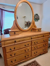 70" x 38" Large Oak Chest of 9 Drawers Mission Style Dresser Cabinet Mirror Set