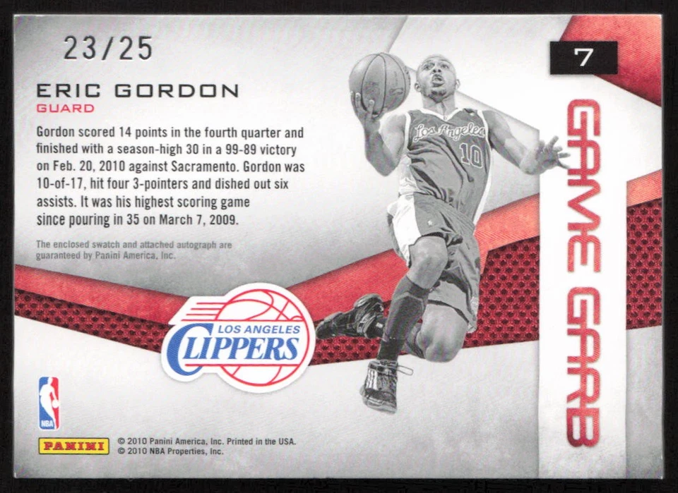 2010-11 Panini дебютанты и звезды нашивка с автографом /25 Эрик Гордон #7 Clippers - Изображение 2 из 2