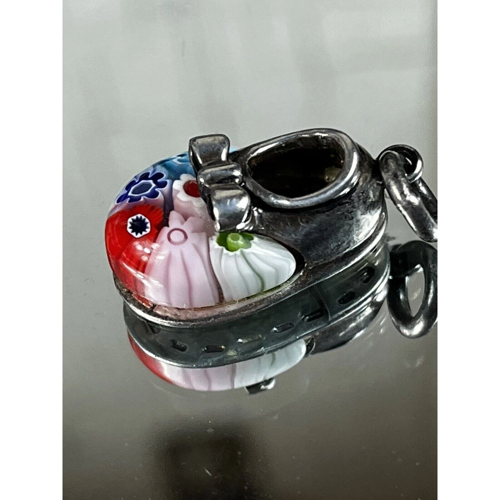 Alan K Sterling 925 Silver Millefiori Baby Shoe Charm Pendant Murano Glass RARE
