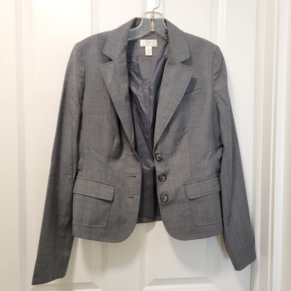 Blazer Ann Taylor Loft Talla 4 Gris y Negro Mezcla de Lana a Cuadros Chaqueta de Tres Botones Foto 3 de 4