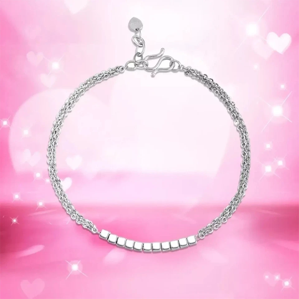 Pure Platinum 950 Chain Women Square Beads Double O Link Bracelet 4.14g/6.7inch - Image 3 of 4