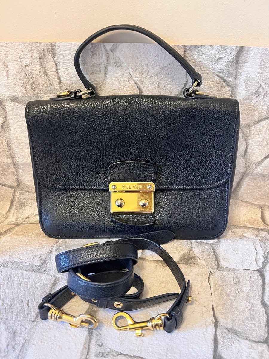 Miu Miu Dark Blue Madras Leather Push Lock Flap Top Handle Bag
