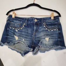 Express Jean Shorts Junior Size 0 Blue Stretch Denim Cut Off Distressed Studded