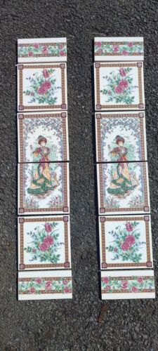Antique Victorian Lady & Red Roses Tiles Full Set Two Sides Old Stock New  - Afbeelding 1 van 13