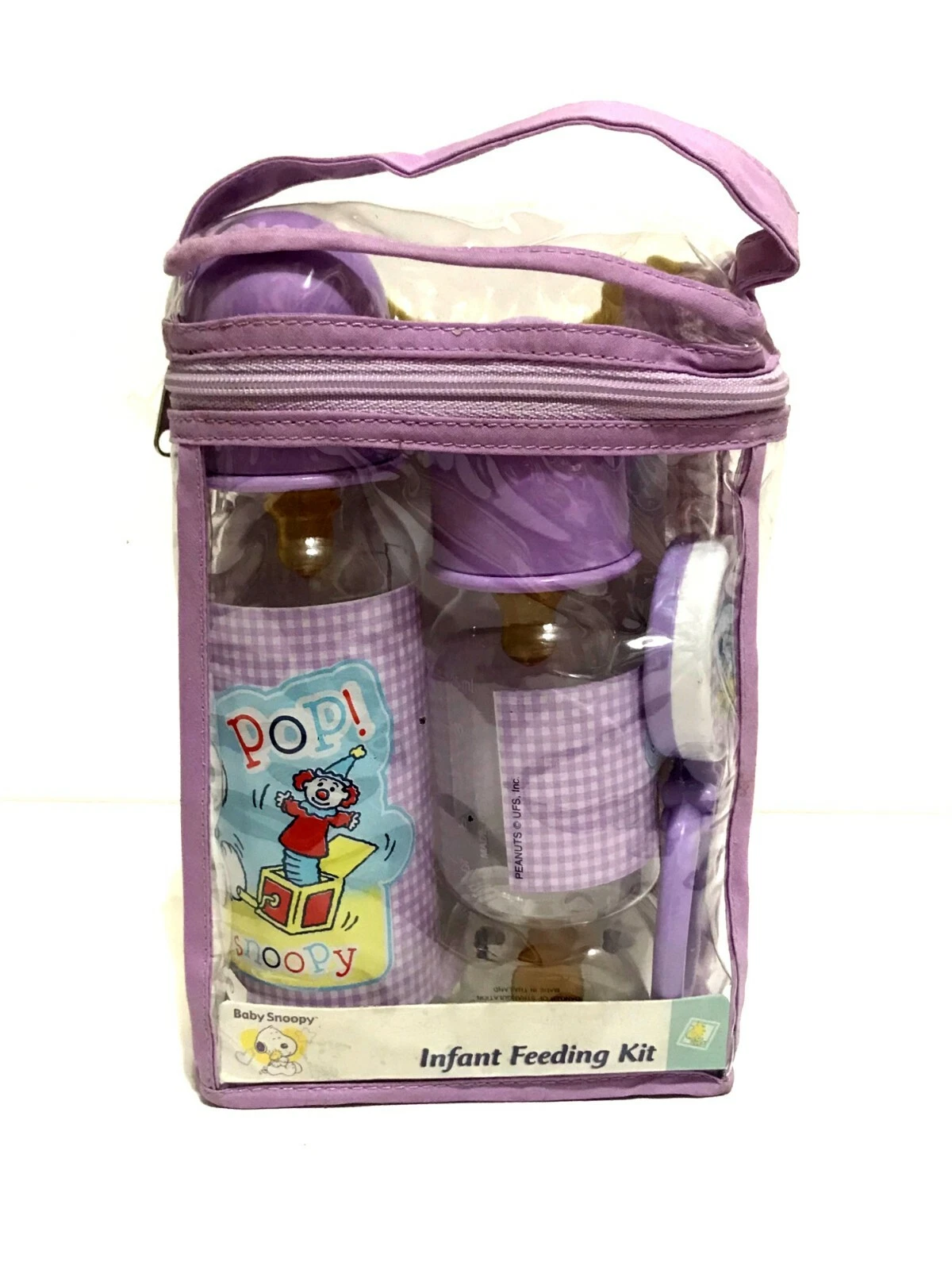 Collectible Peanuts Baby Snoopy Infant Feeding Bottle Pacifier Rattle Bib Kit