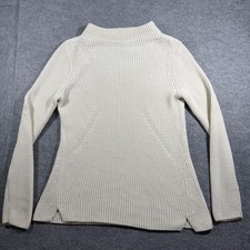 Talbots Sweater Womens L Cream Mock Neck Ribbed Knit Cotton Side Vents