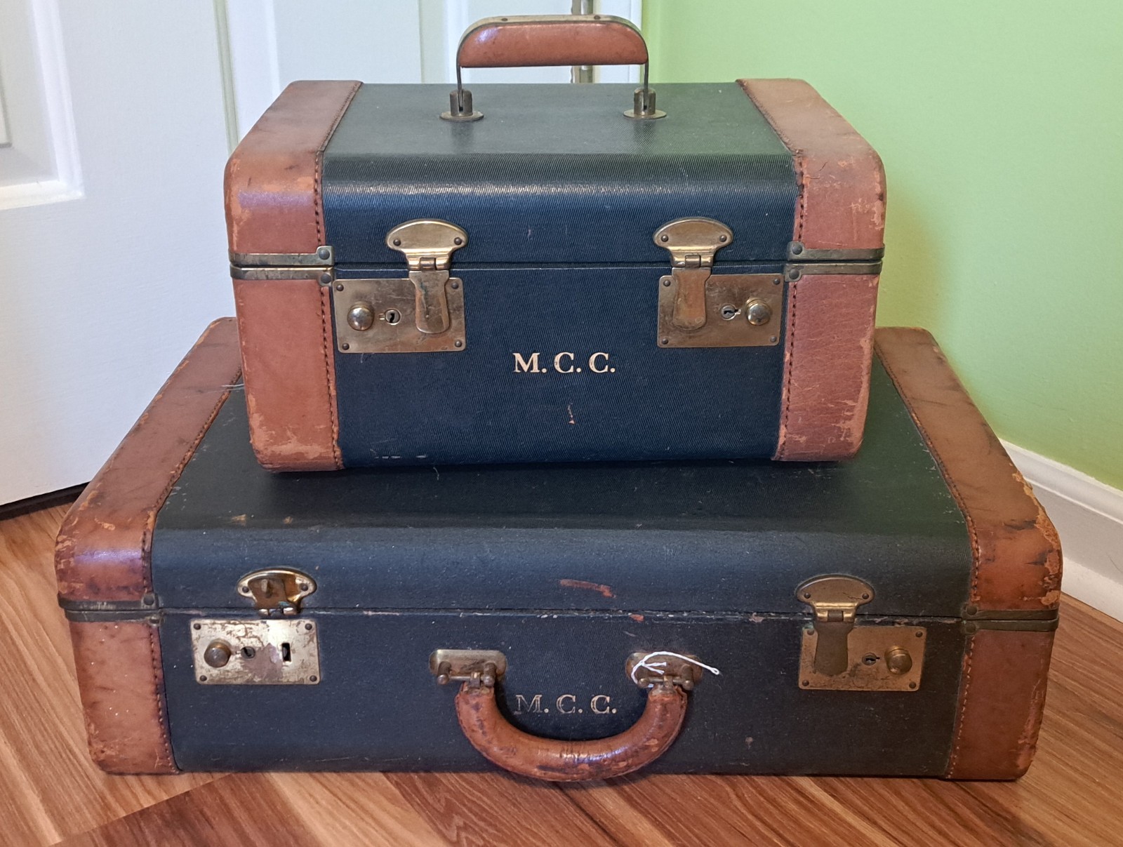 Antique 1920's Hardboard Suitcases,  Black with Brown Leather Handles