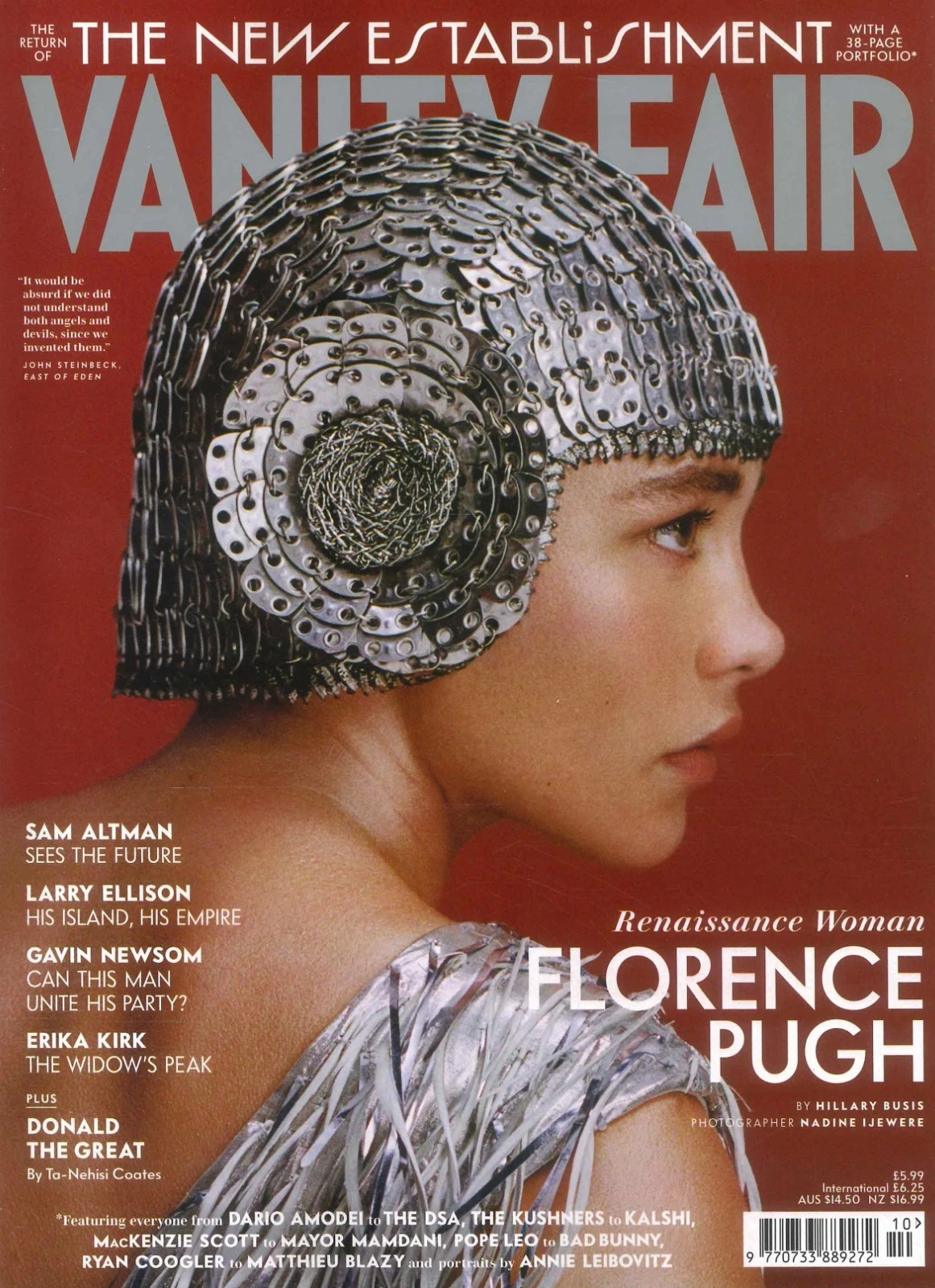 UK Vanity Fair Autumn 2026 cover with gold title, abstract woman in blue robe, and headlines including Sam Altman’s views.
