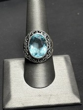 925 STERLING SILVER WITH BLUE FACETED ART GLASS COCKTAIL RING SIZE 8.75