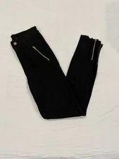 San Joy Women’s Black Skinny Pants Size M Stretch Casual Gold Zipper Detail
