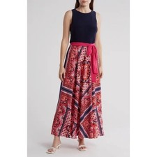 Eliza J Navy Bandana Scarf Print Maxi Dress Tie Waist Boho Resort Size 12