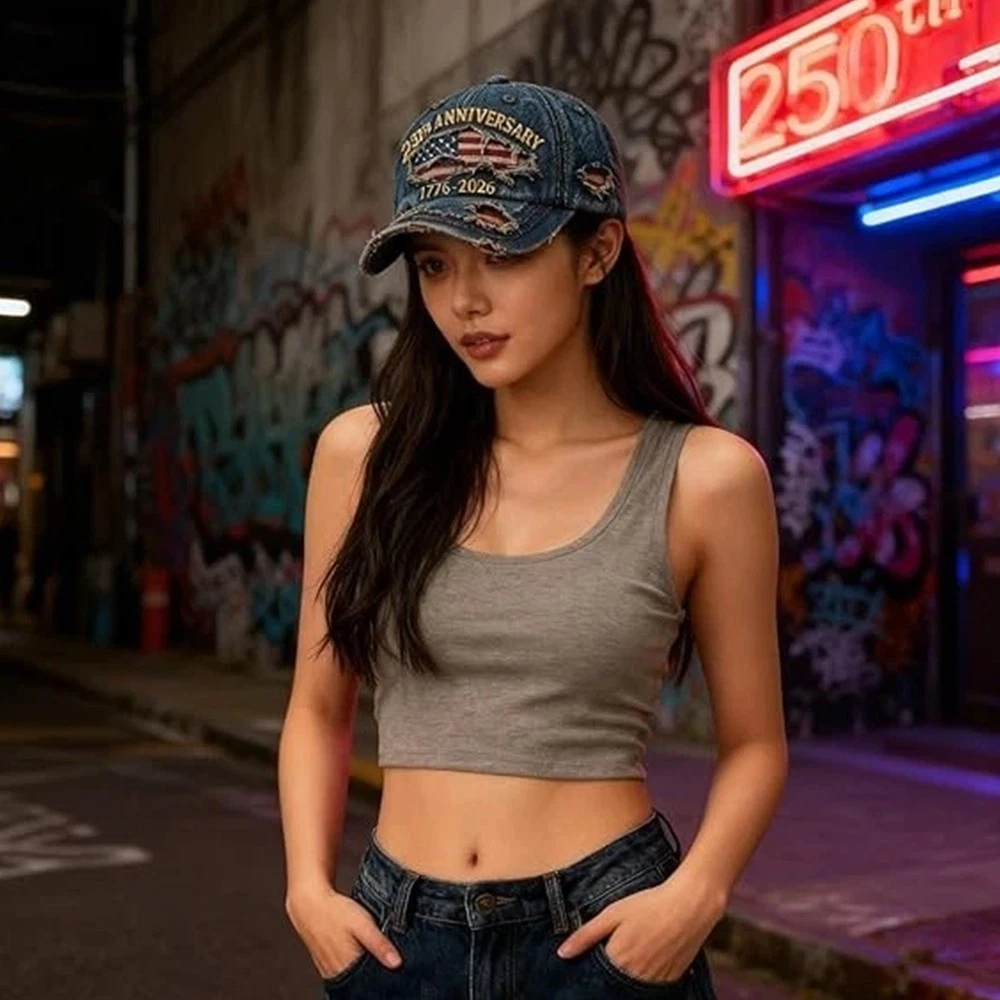 250th US Anniversary Patriotic Baseball Cap - Washed Denim Hat 1776-2026