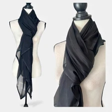 Nordstrom Black 100% Silk Chiffon Scarf Wrap w/Ribbon Trim | Sheer