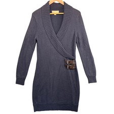 Michael Kors Navy Blue Cowl Neck Double Buckle Faux-Wrap Sweater Dress Women M
