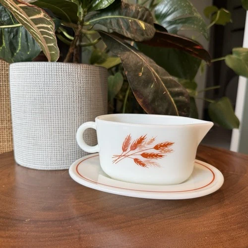 Vintage 1970's Pyrex Milk Glass Autumn Harvest Wheat Gravy Boat 77B & 77U Plate