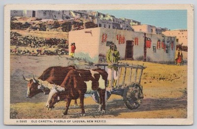 Old Caretta Pueblo Laguna NM Fred Harvey Linen Postcard Oxen Cart 1940s