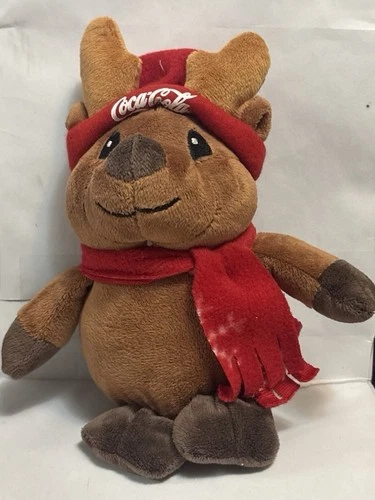 Vintage Coca Cola Brown Reindeer Red Fleece Hat & Scarf  7” Plush Coke Fast Ship
