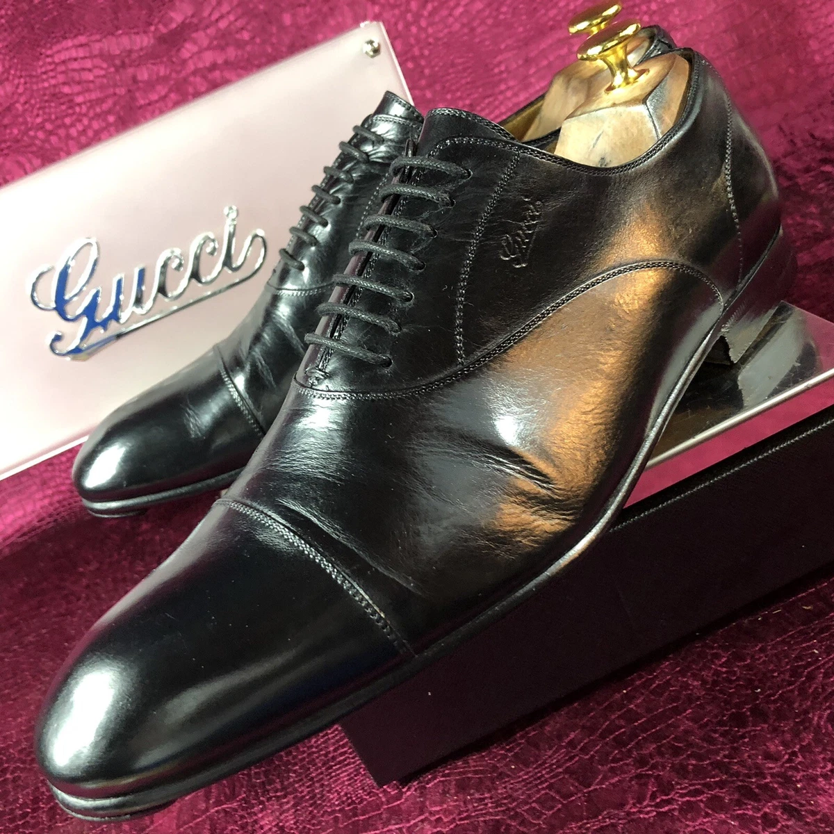 820 Mens Black Leather Gucci Cap Toe Oxfords Sz 9.5 US 42 5 EU 8.5 G