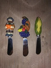 Set 3 Thanksgiving Butter Spread Cheese Spreader Knives Cornucopia Ear Of Corn
