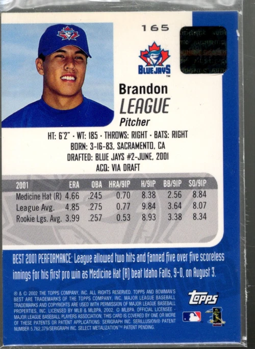 A2202- 2002 Bowman's Best #165 Brandon League B RC Auto - NM-MT (AUTOGRAPH) - Image 2 of 2