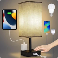 Bedside Lamp- Touch Control Table Lamp with USB C+A Charging Ports & AC Outlets