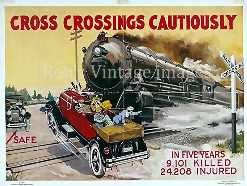 American Railroad Association Careful Crossing Safety Travel Train Poster 1923
