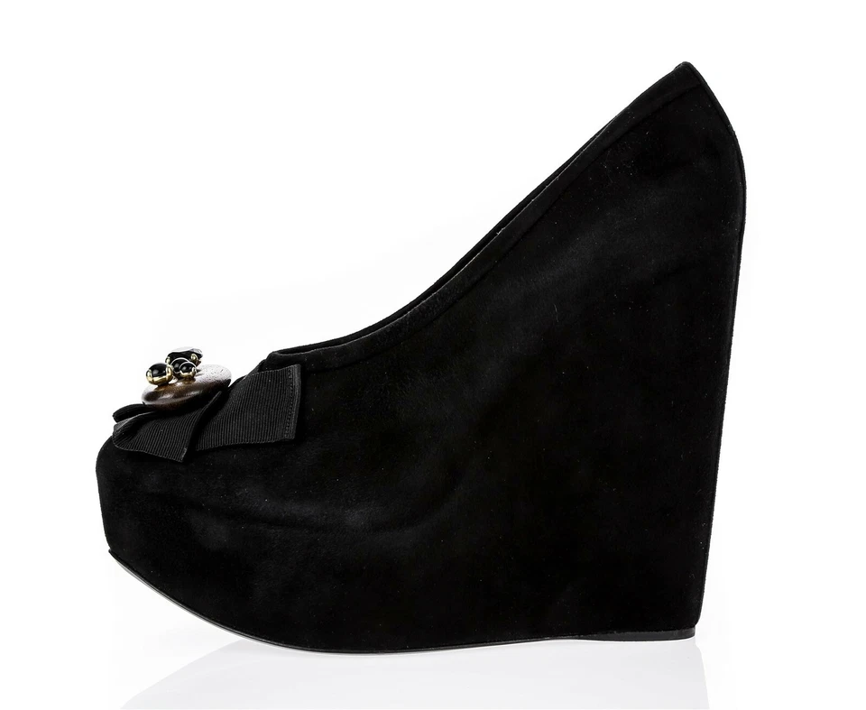 Dolce & Gabbana 女式黑色麂皮绒蝴蝶结懒人鞋楔形高跟鞋 40.5 欧元 — 第 2/4 张图片