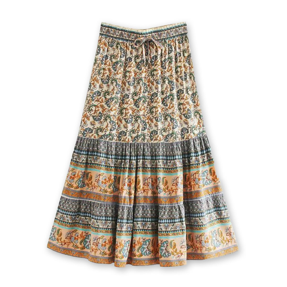 Blue Haven Floral Print Boho Midi Skirt, Hippie Gypsy Skirt, Bohemian Skirt