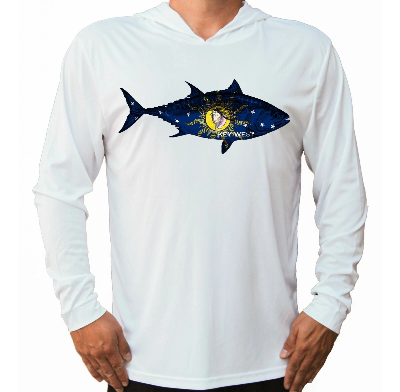 Conch Republic Map Tuna Florida Boat Fishing UV UPF 50 Long Sleeve T-Shirt Hood