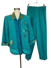 Nancy Bolen City Girl Large Pants Small Jacket Set Turquoise Blue Animal Print