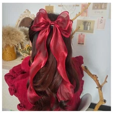 Vintage Long Silk Bow Hair Clip Barrette Ribbon Mesh Bow Head Clip Headwear R...