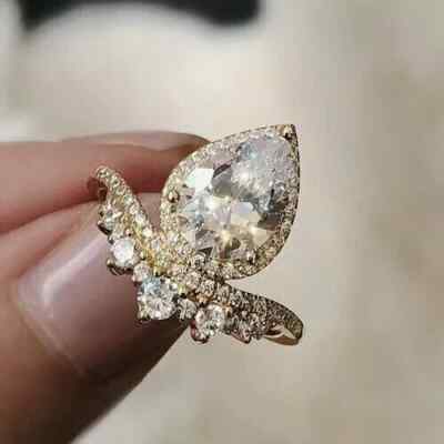 Halo Verlobungsring Gelbgold plattiert 3 Karat Birne & Rundschliff Lab Create...