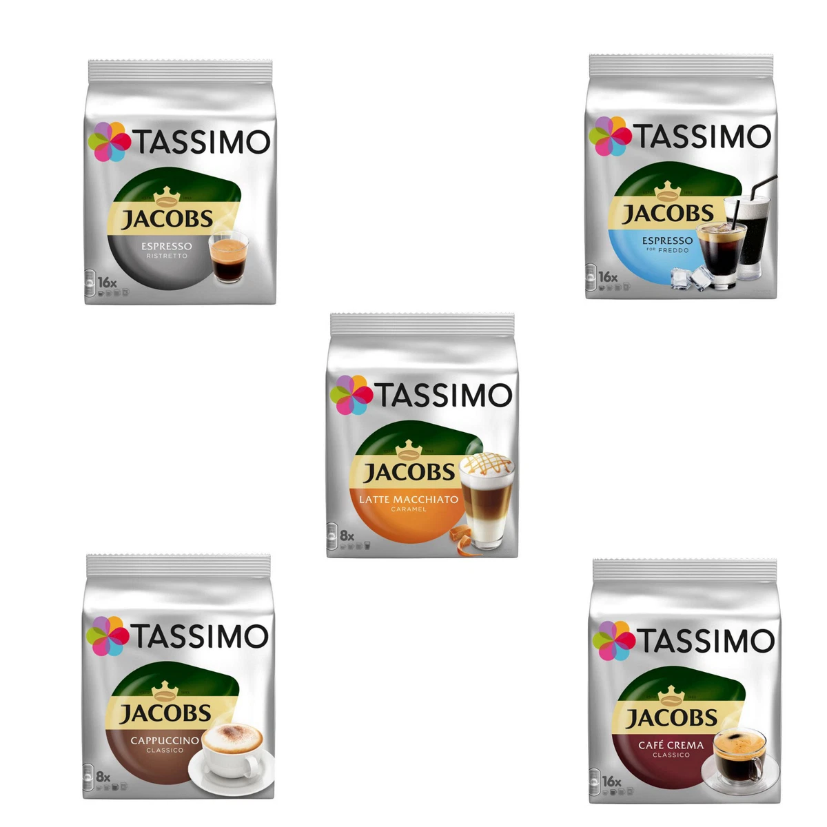 Tassimo Jacobs Coffee in Capsules 16 Pieces In 5 Separate Flavors