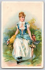 Blank No Company Victorian Trade Card - Woman in Fancy Blue Dress / Parasol