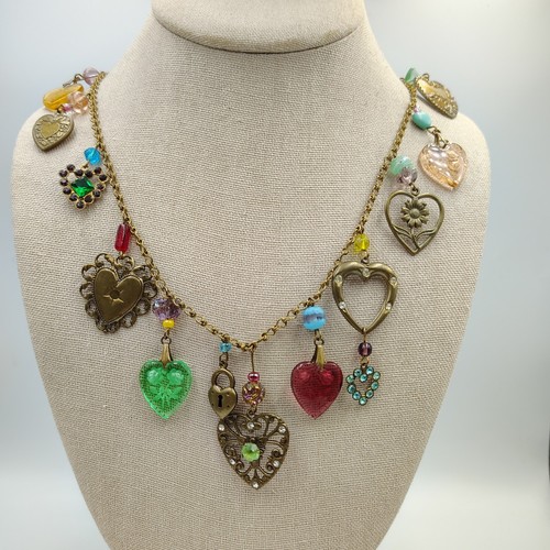 Vintage G.W.S. Studio Glass Work Bronze Color Heart Charms Long Necklace 32" - Picture 9 of 18