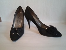 Vintage Charles Jourdan Size 7 Black Suede High Heel Pumps Bow Toe